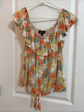 A. Byer Orange Floral Ruffle Tie-Front Blouse